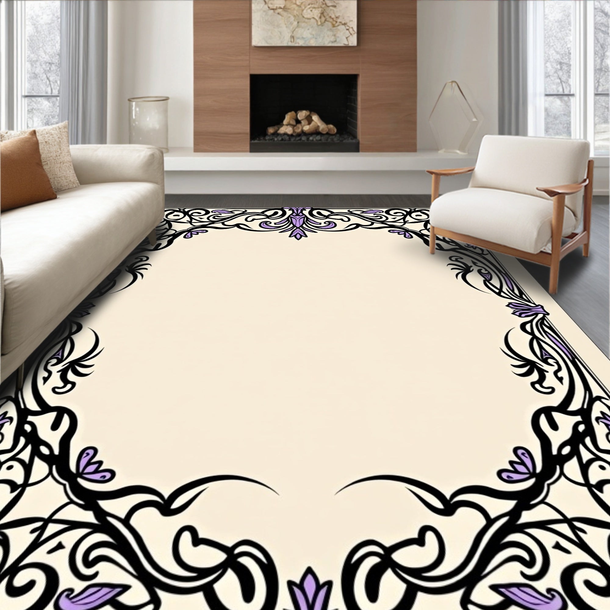 Elegant Black Violet Floral Scroll Rug