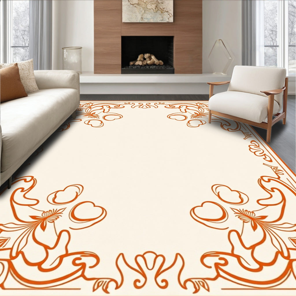 Elegant Orange Floral Scroll Border Rug