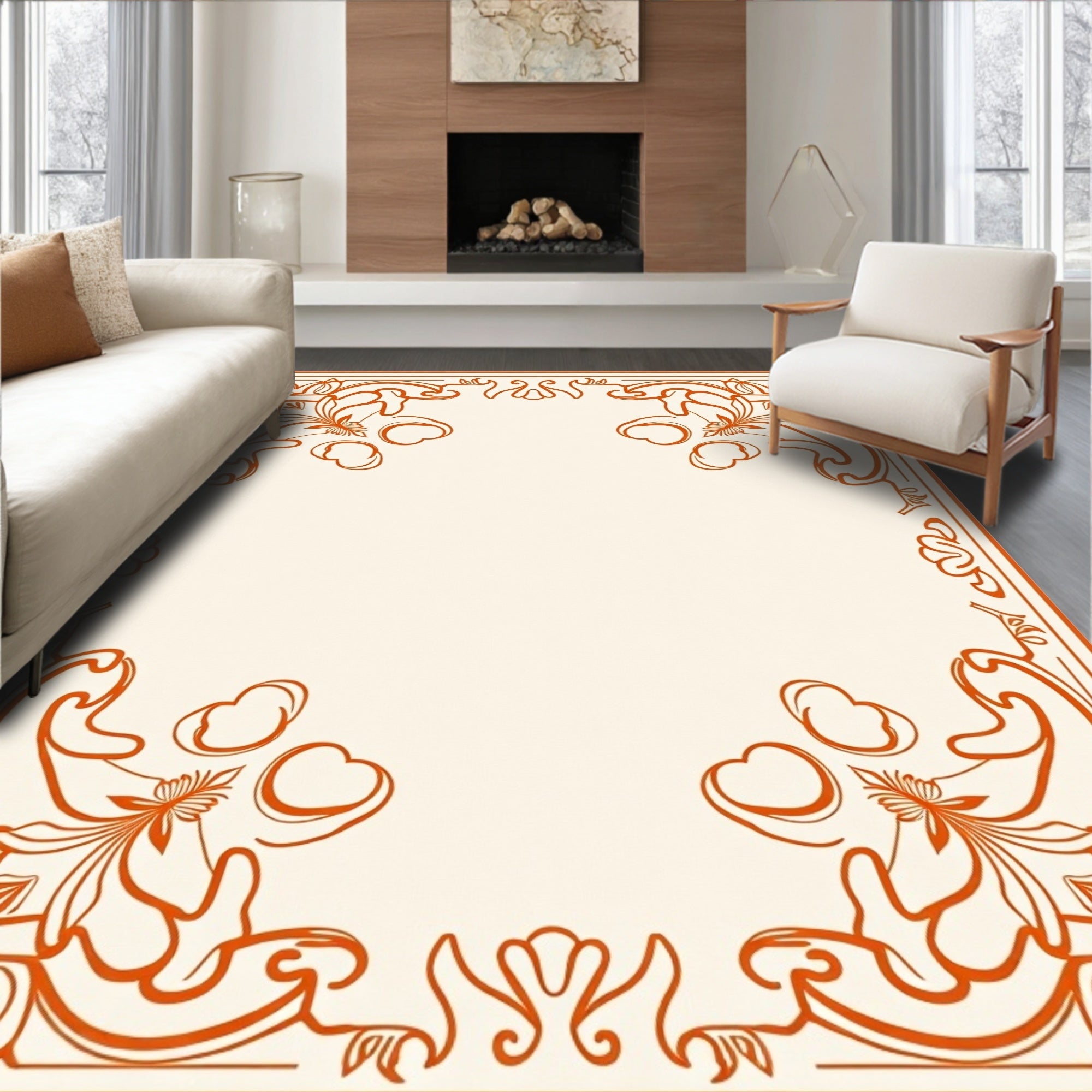 Elegant Orange Floral Scroll Border Rug