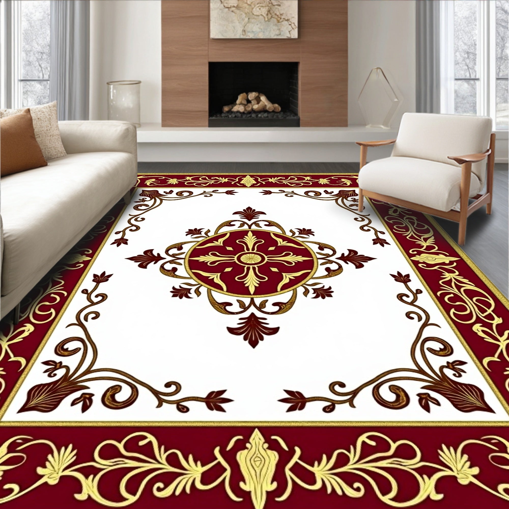 Regal Maroon Gold Floral Motif Design Rug