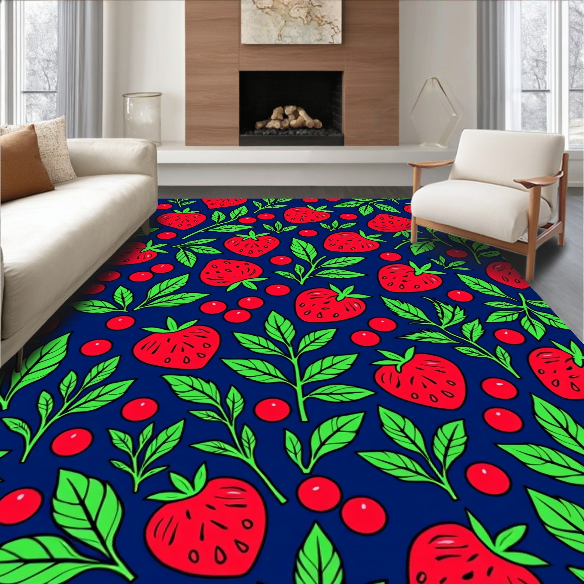 Red Strawberry Leafy Pattern Rug