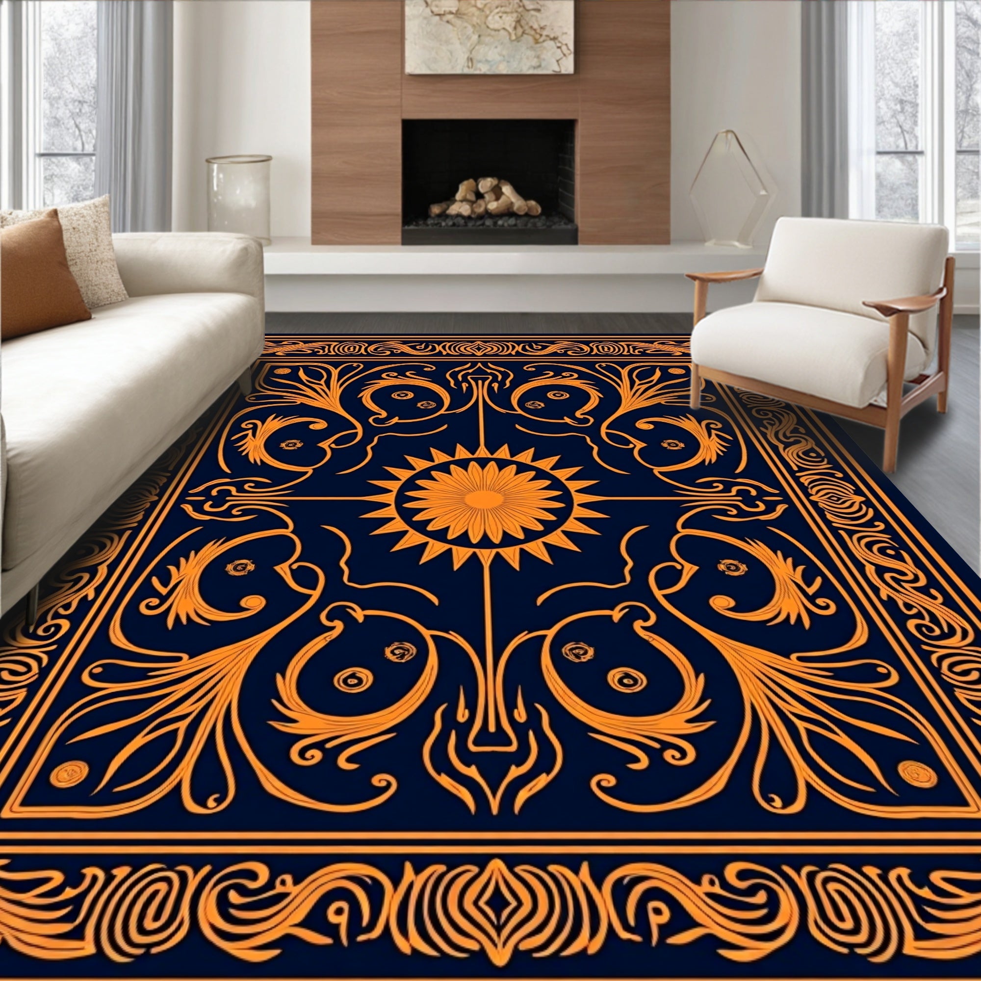 Ornate Sun and Vine Patterned Rug