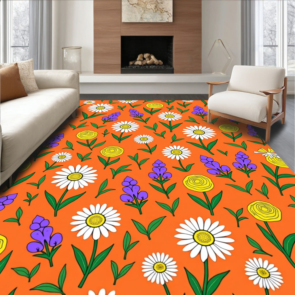 Bright Daisy And Rose Pattern Rug