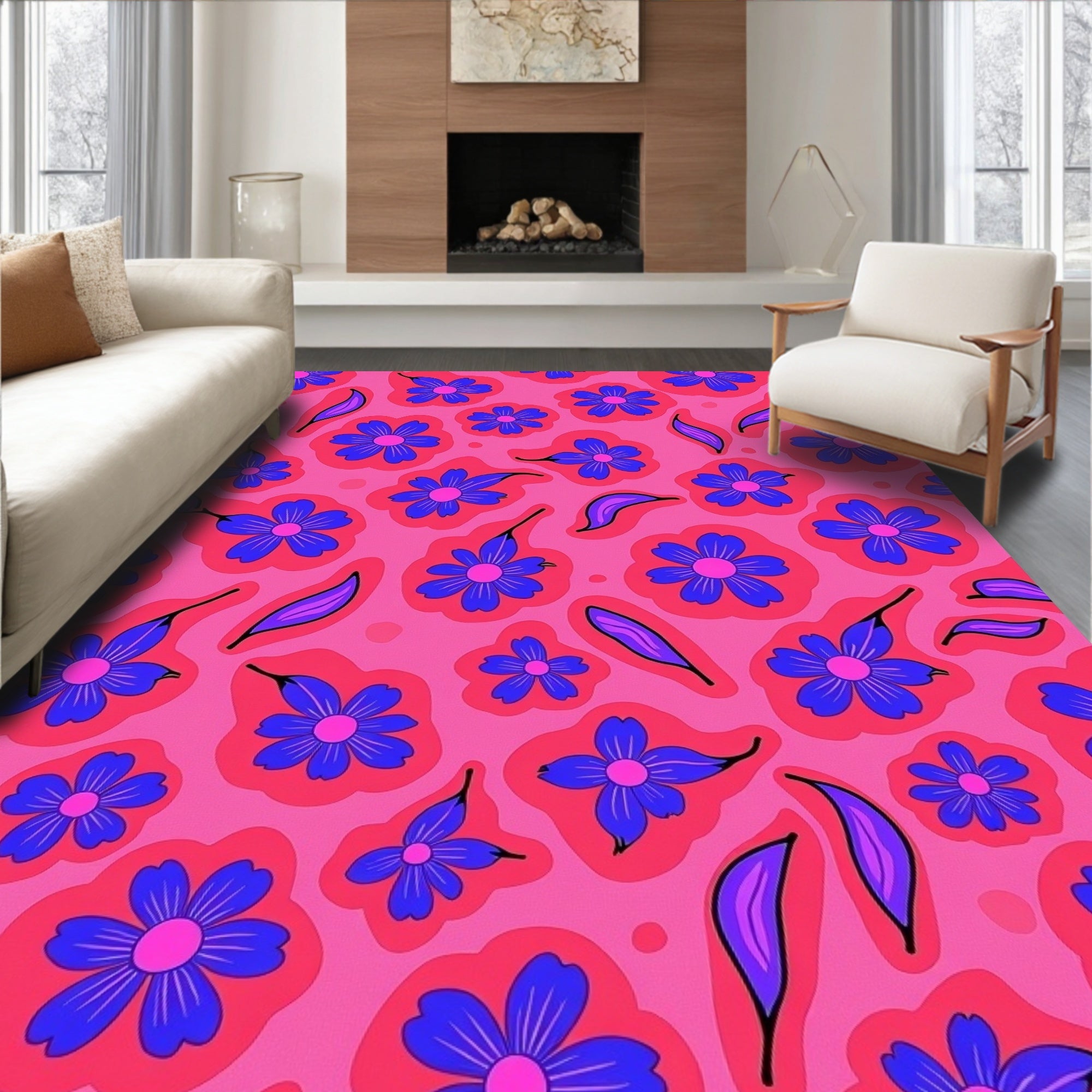Vibrant Floral Patterned Pink Design Rug