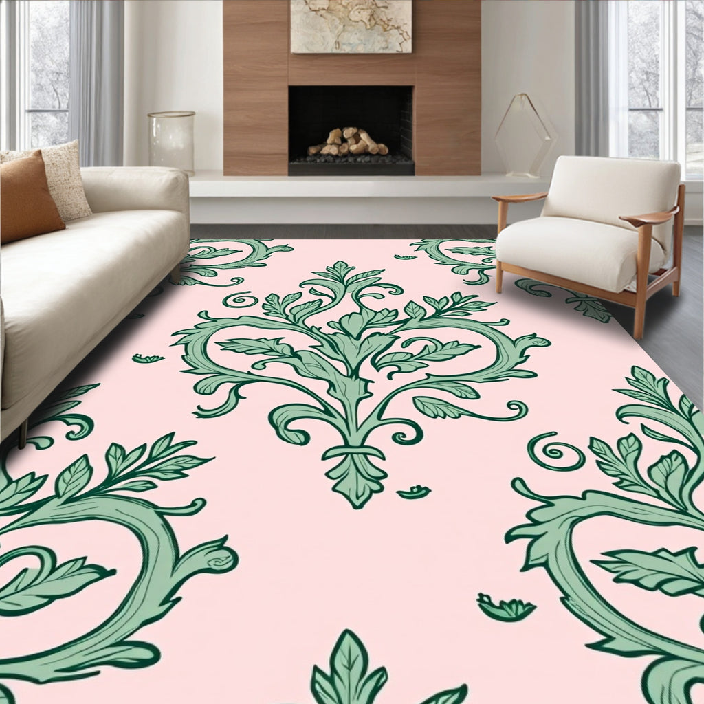 Green Floral Baroque Scroll Design Rug