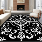 Classic Black White Scrollwork Floral Rug