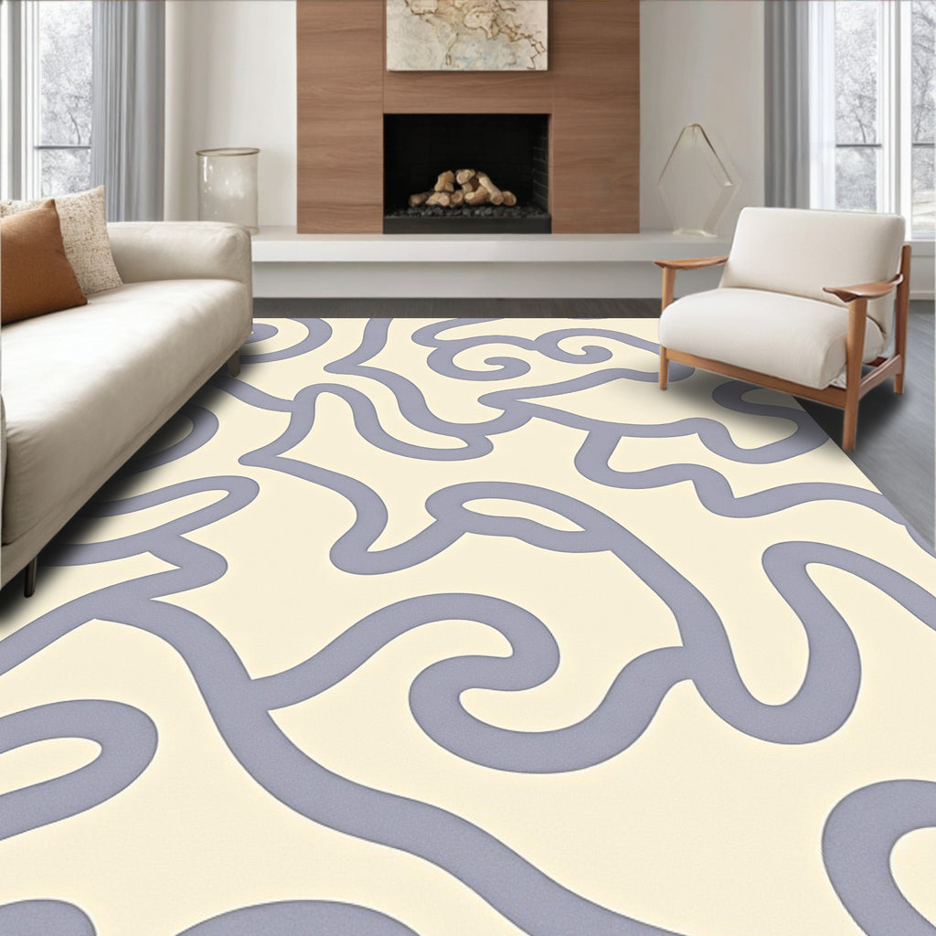 Cream And Blue Swirl Pattern Rug