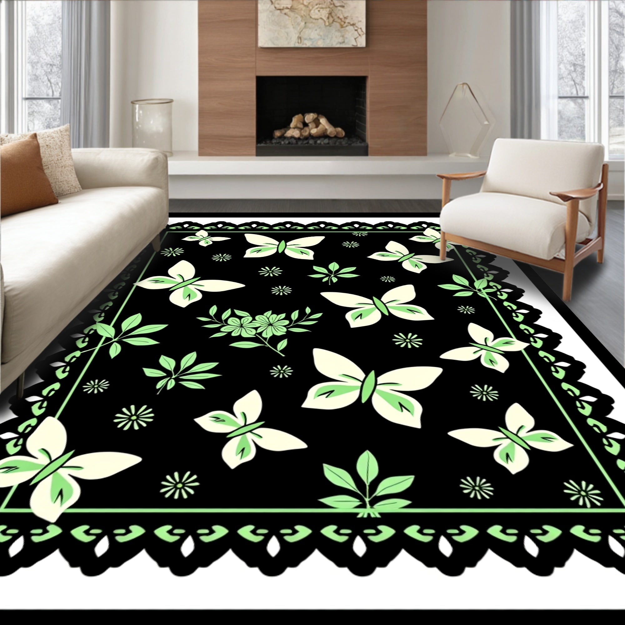Whimsical Butterflies Flowers on Black Design Rug
