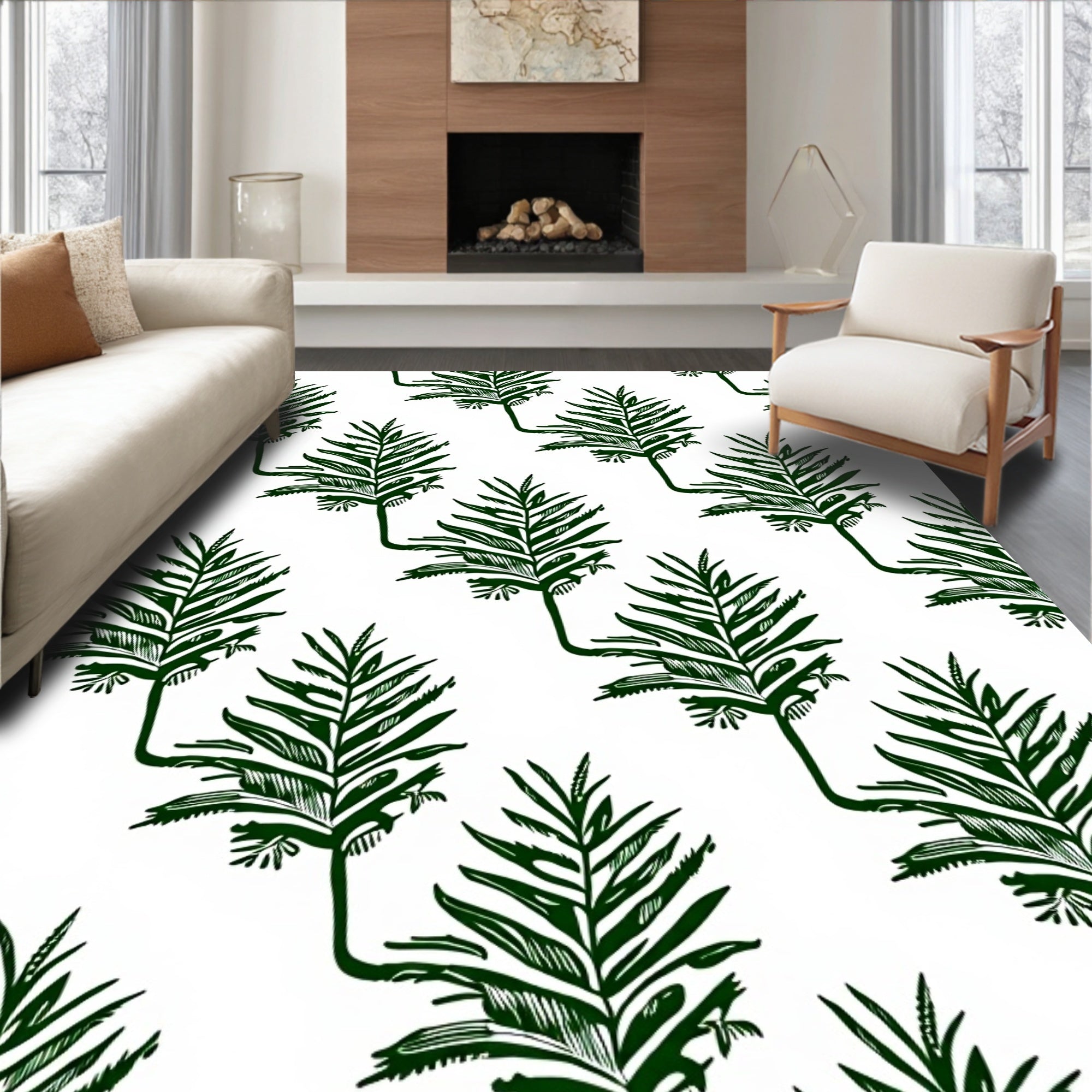 Dark Green Leaf Patterned Design Rug
