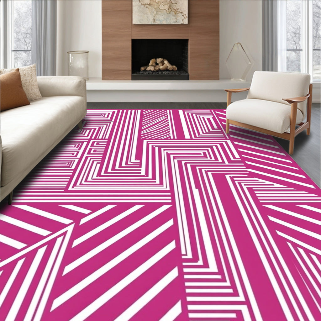 Bold Pink White Geometric Stripe Rug