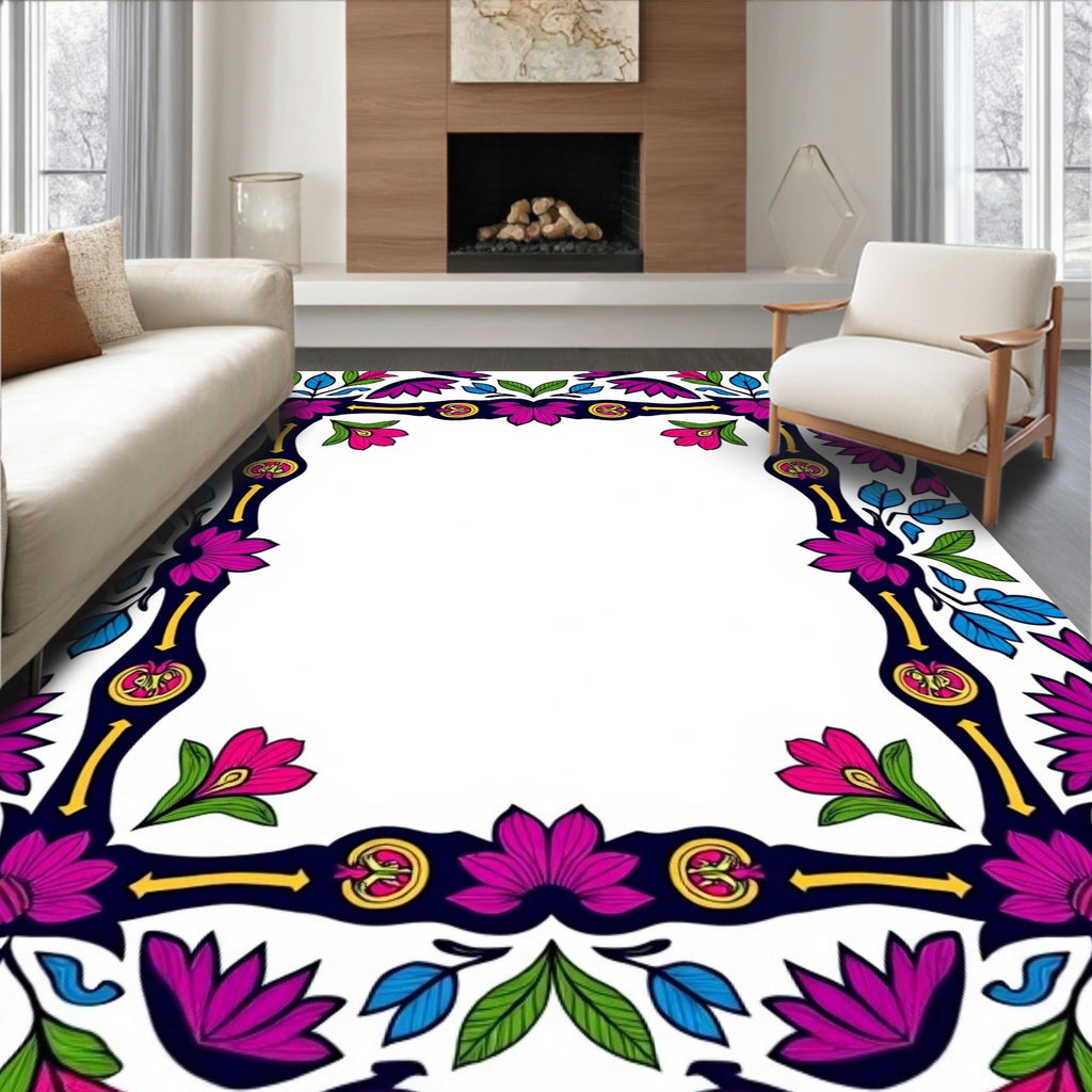 Vibrant Floral Border With Geometric Motifs Rug