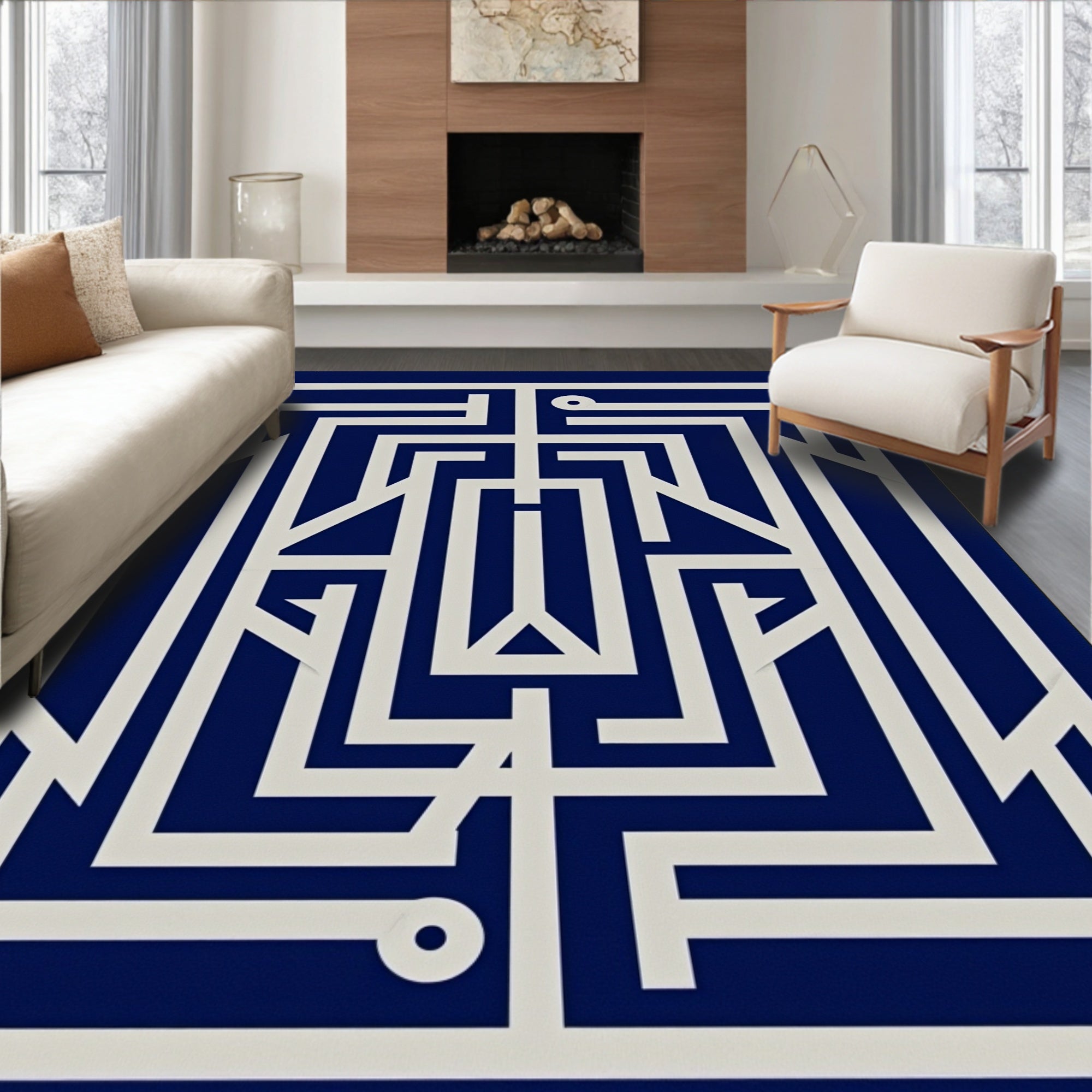 Geometric Maze White Blue Pattern Rug