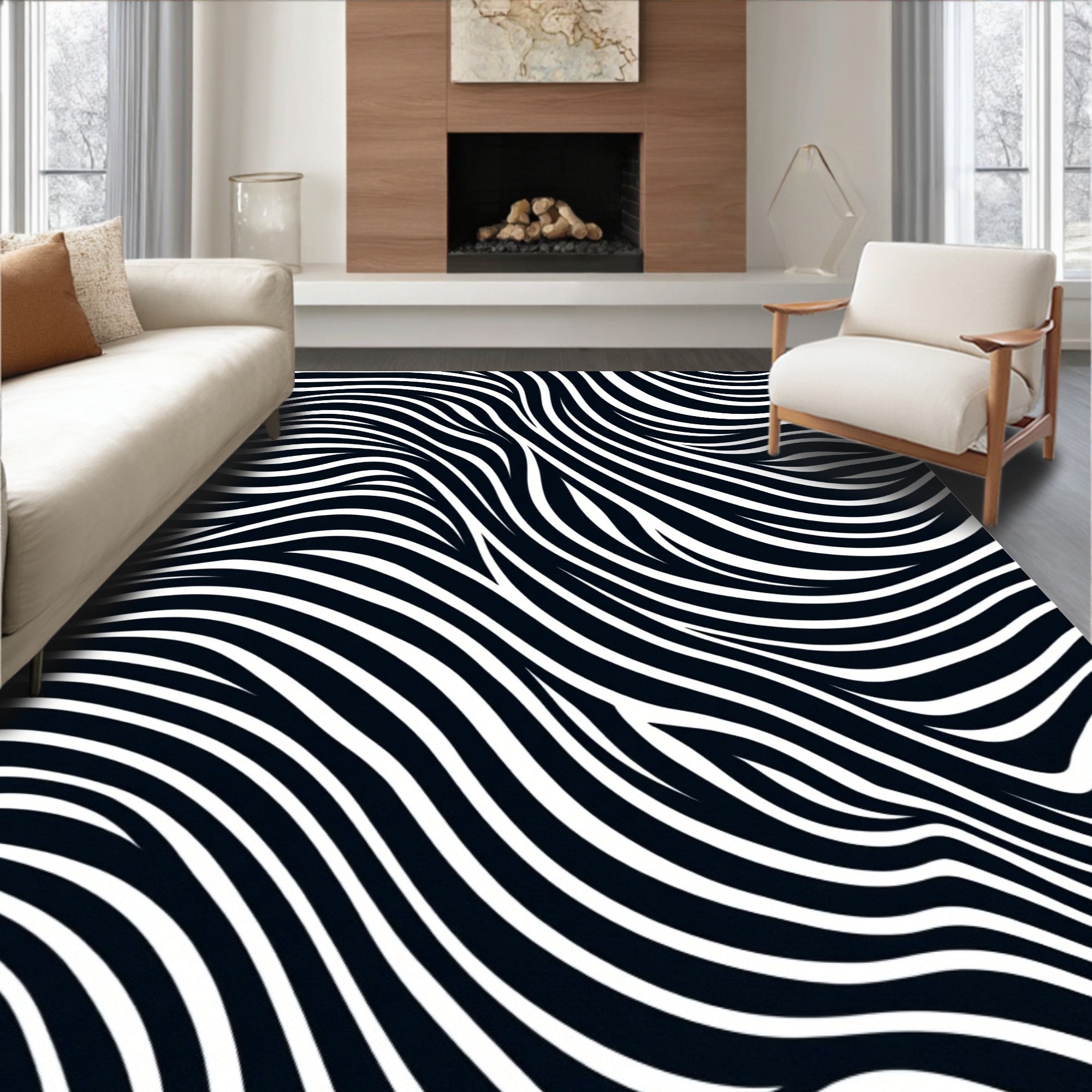 Abstract Black White Wave Pattern Rug