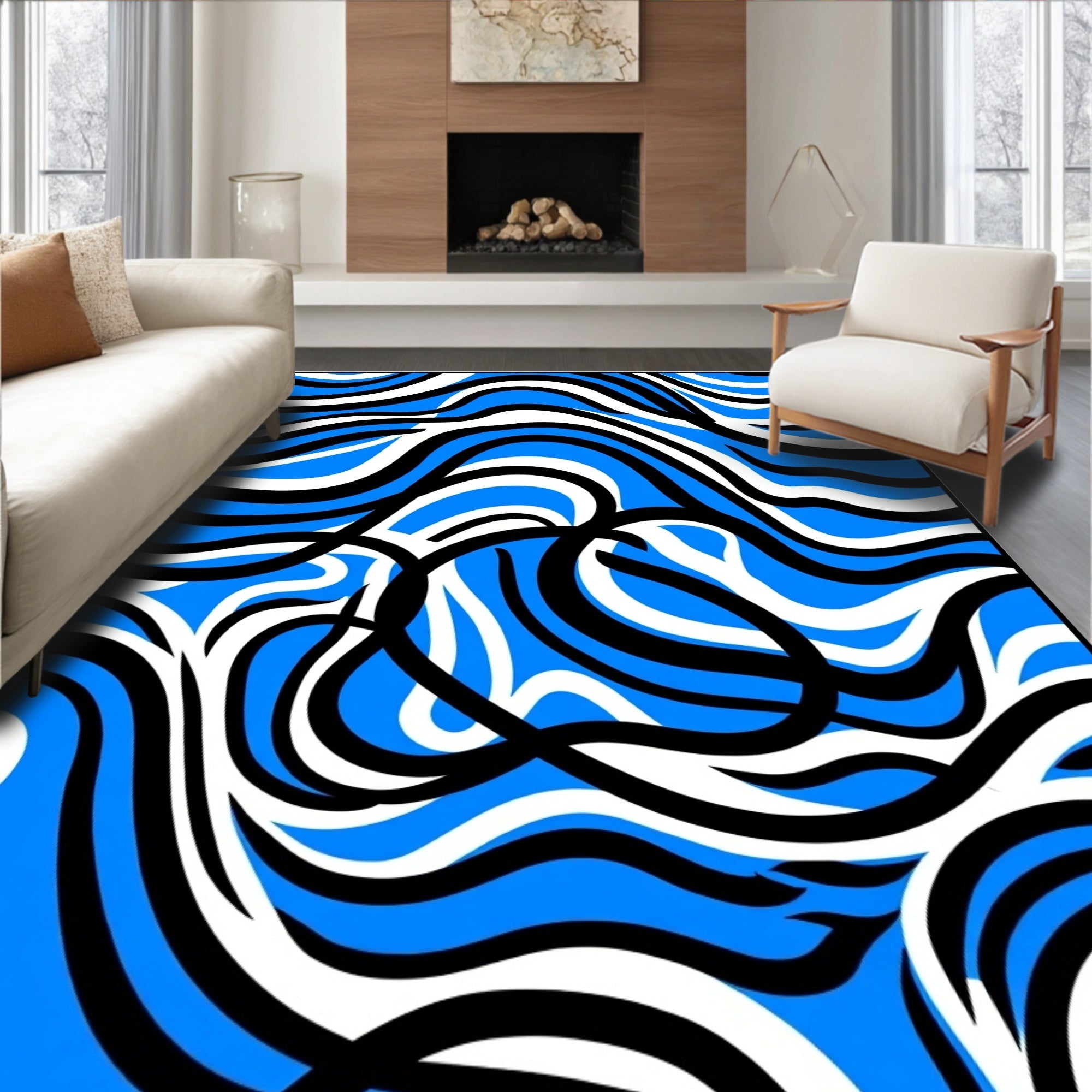 Abstract Blue White Black Swirl Design Rug