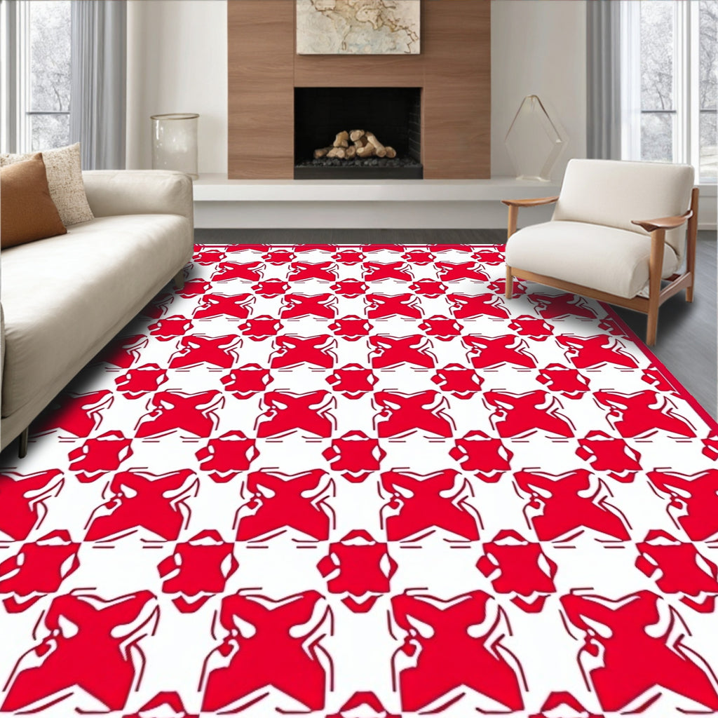 Bold Red White Interlocking Geometric Pattern Rug