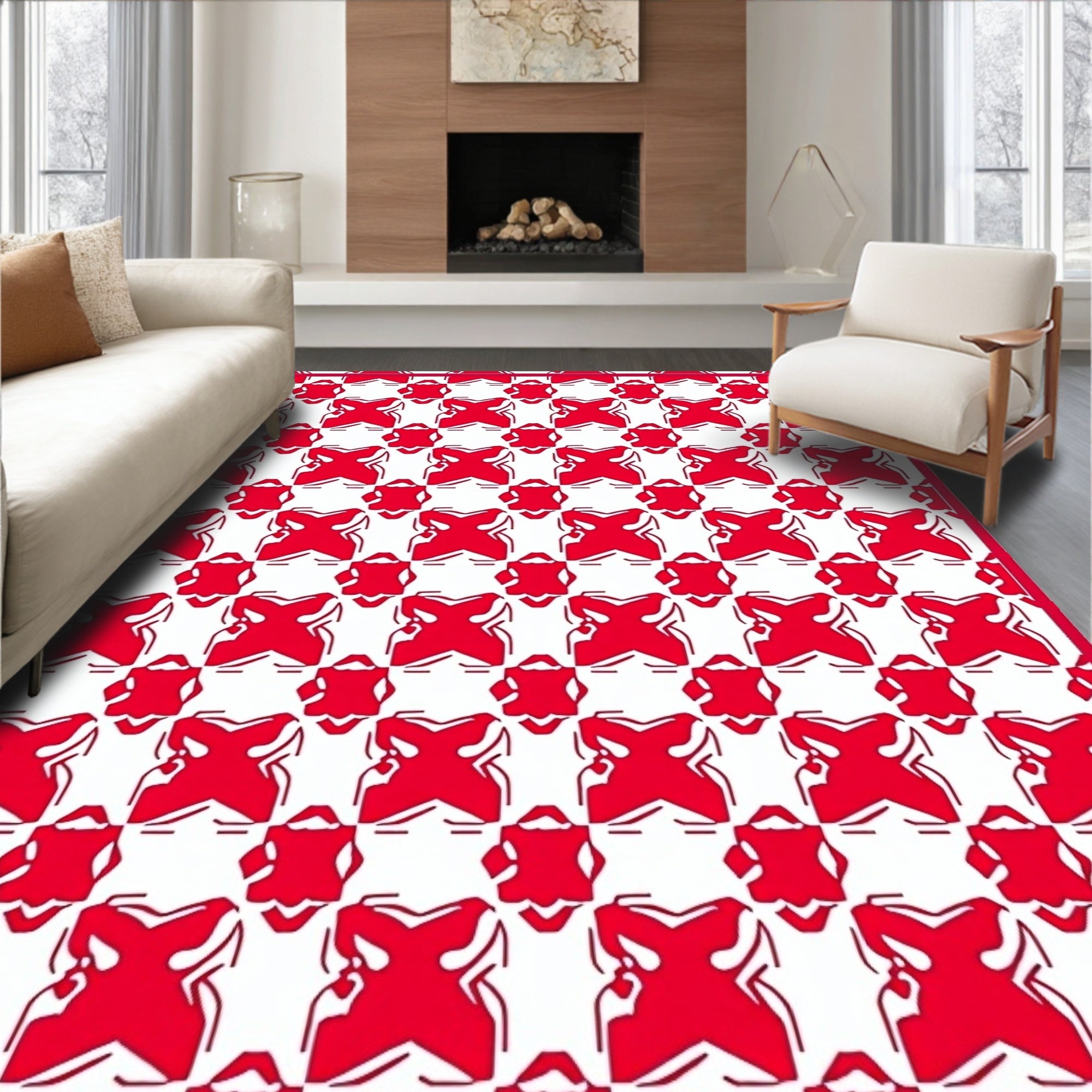 Bold Red White Interlocking Geometric Pattern Rug