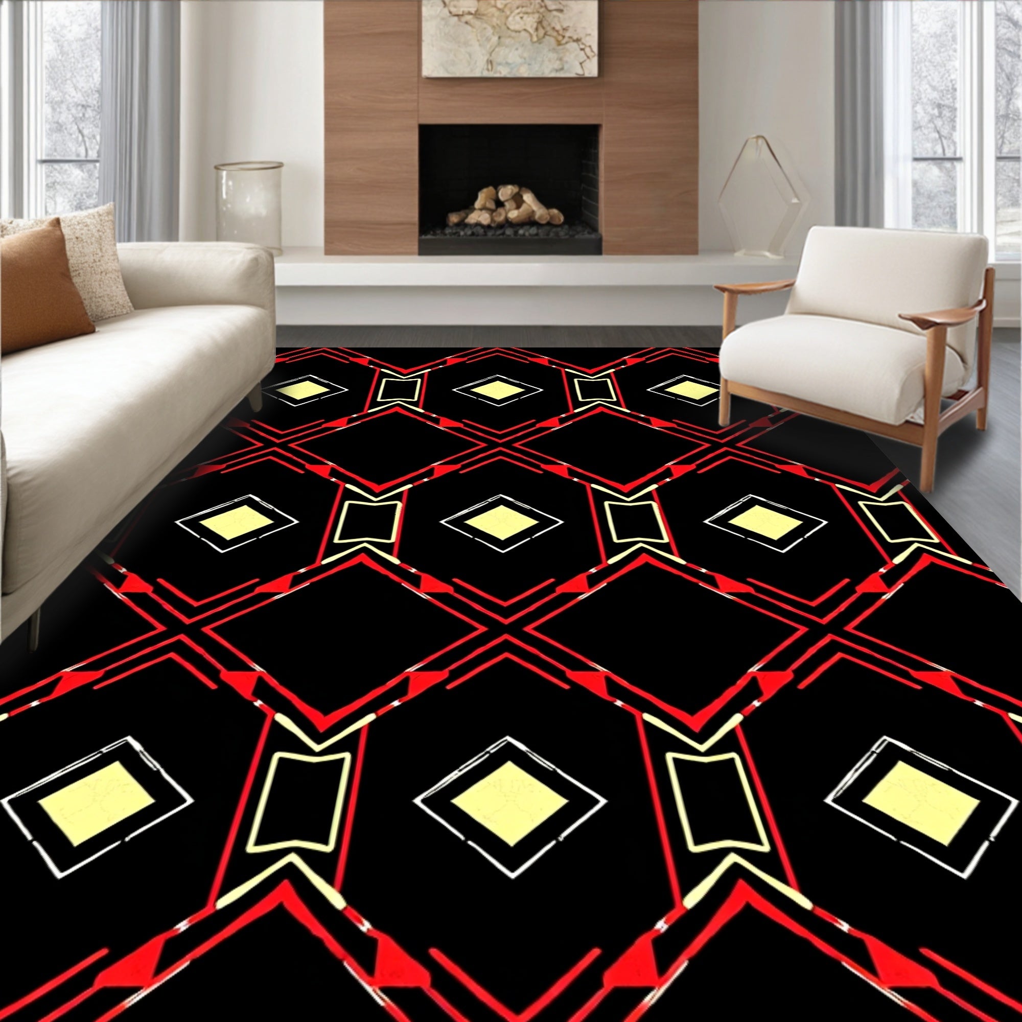 Bold Red Yellow Diamond Pattern Rug