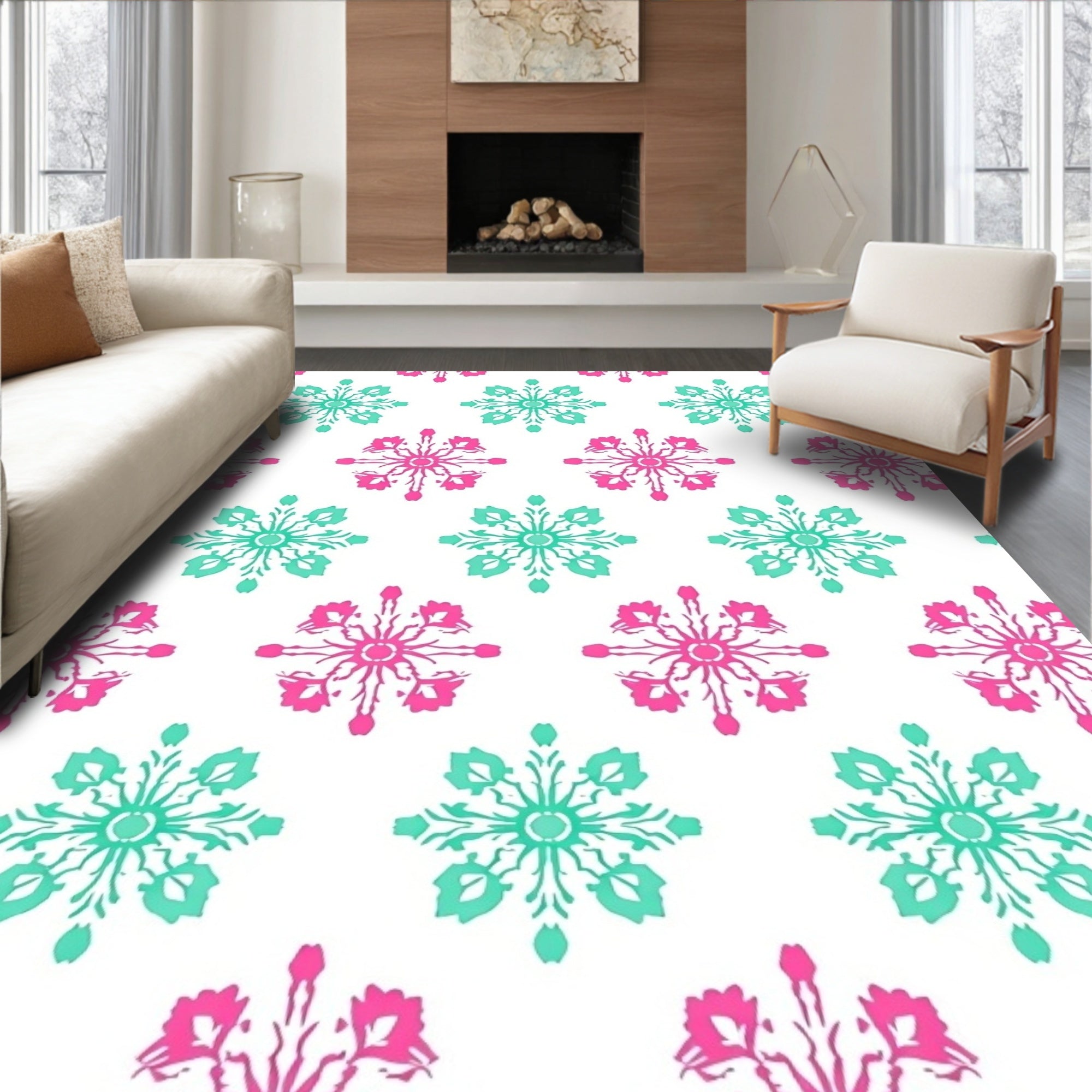 Pink Teal Starburst Snowflake Repeat Rug