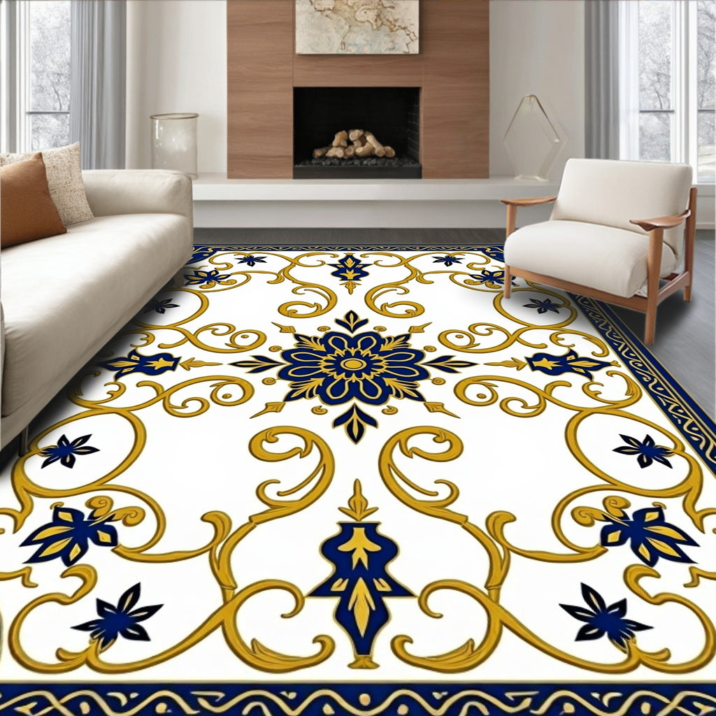 Ornate Blue Gold Floral Scroll Design Rug