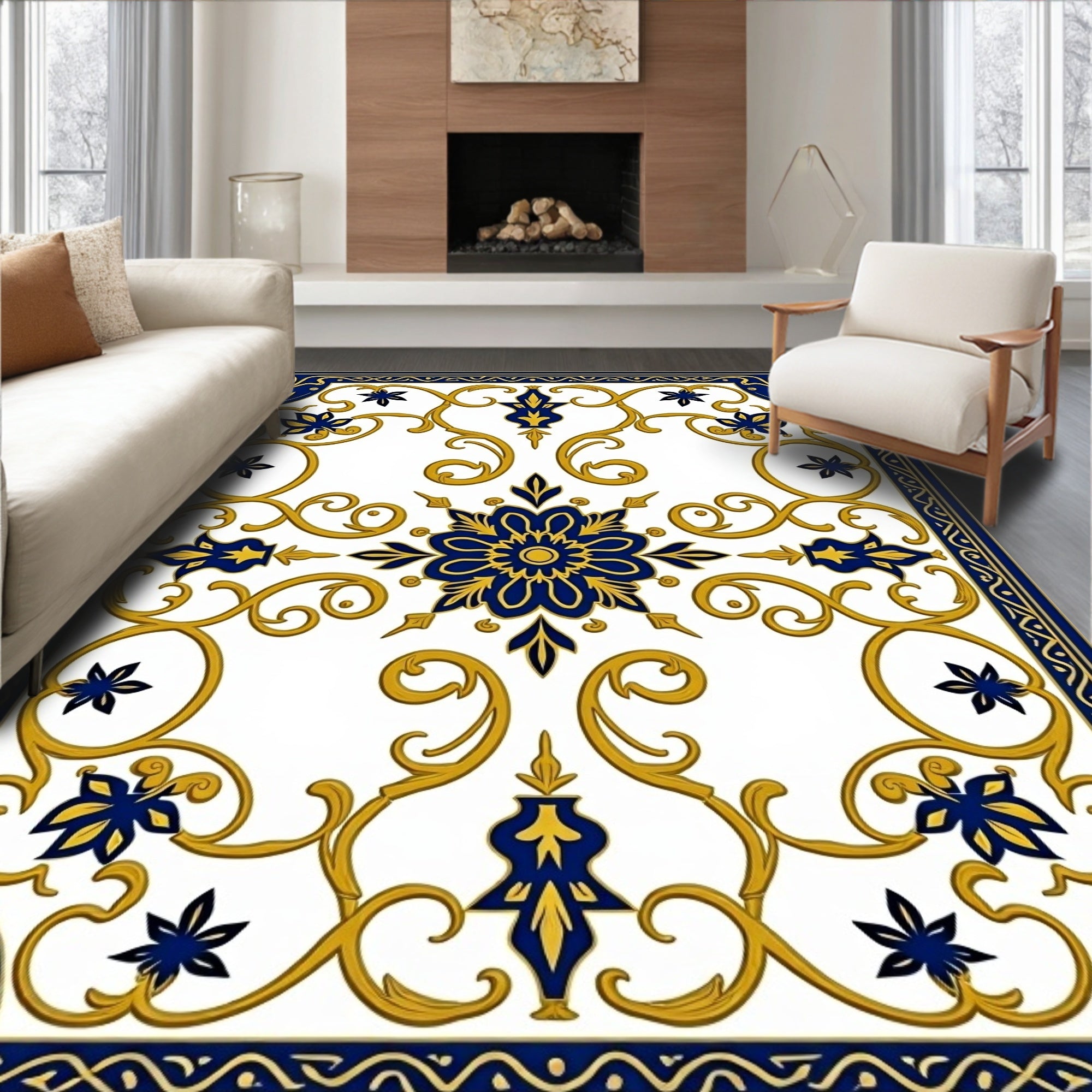 Ornate Blue Gold Floral Scroll Design Rug