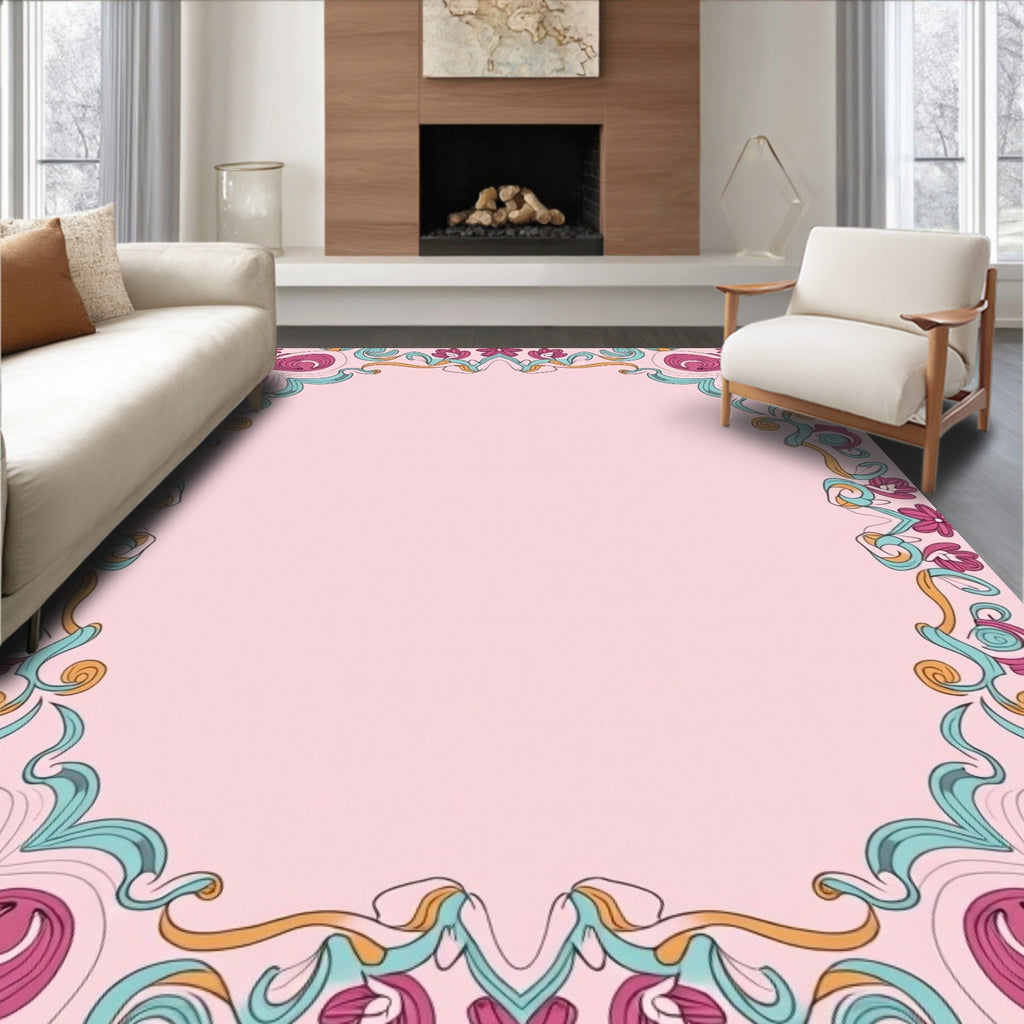 Whimsical Floral Swirl Border Pattern Rug