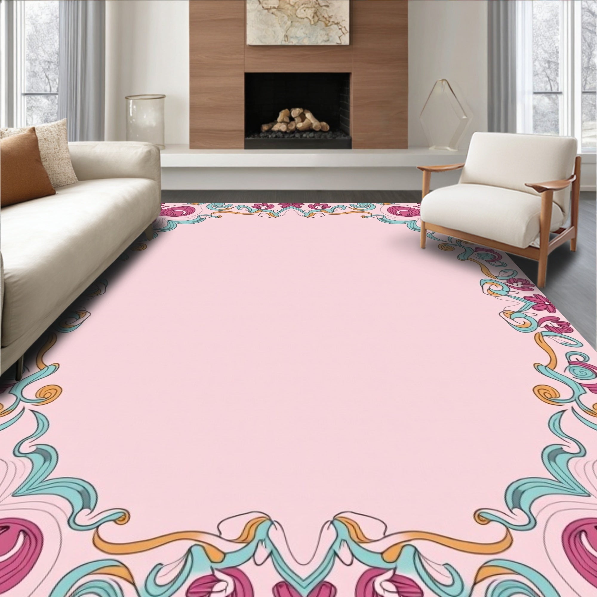Whimsical Floral Swirl Border Pattern Rug