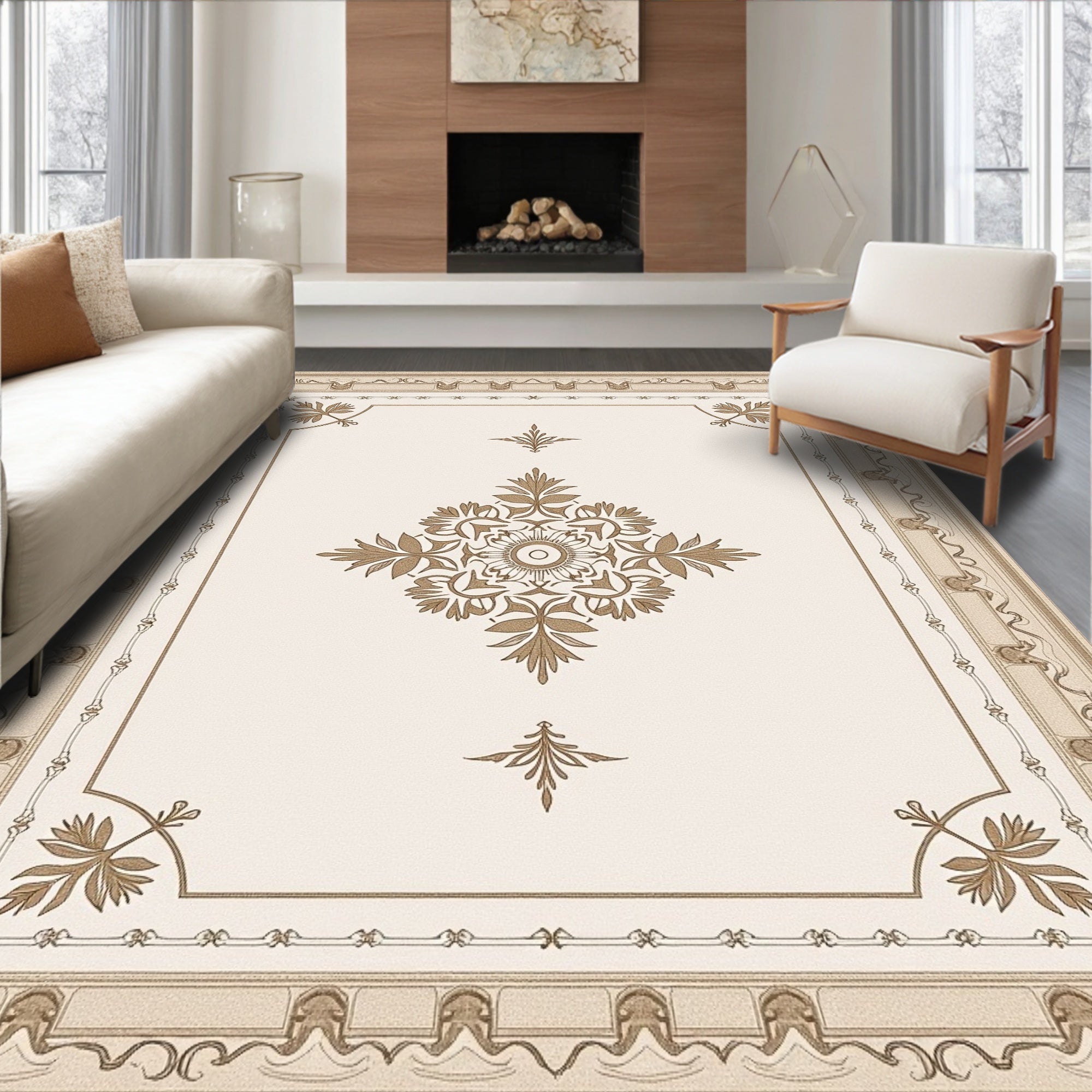 Ornate Floral Cream and Gold Pattern Rug