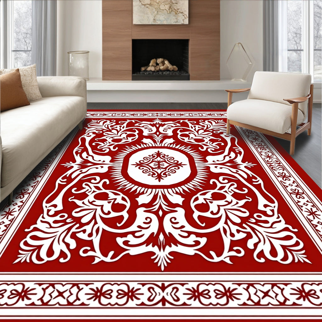 Red White Ornate Floral Pattern Rug