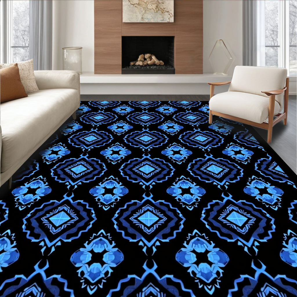 Bold Blue Geometric Diamond Pattern Rug