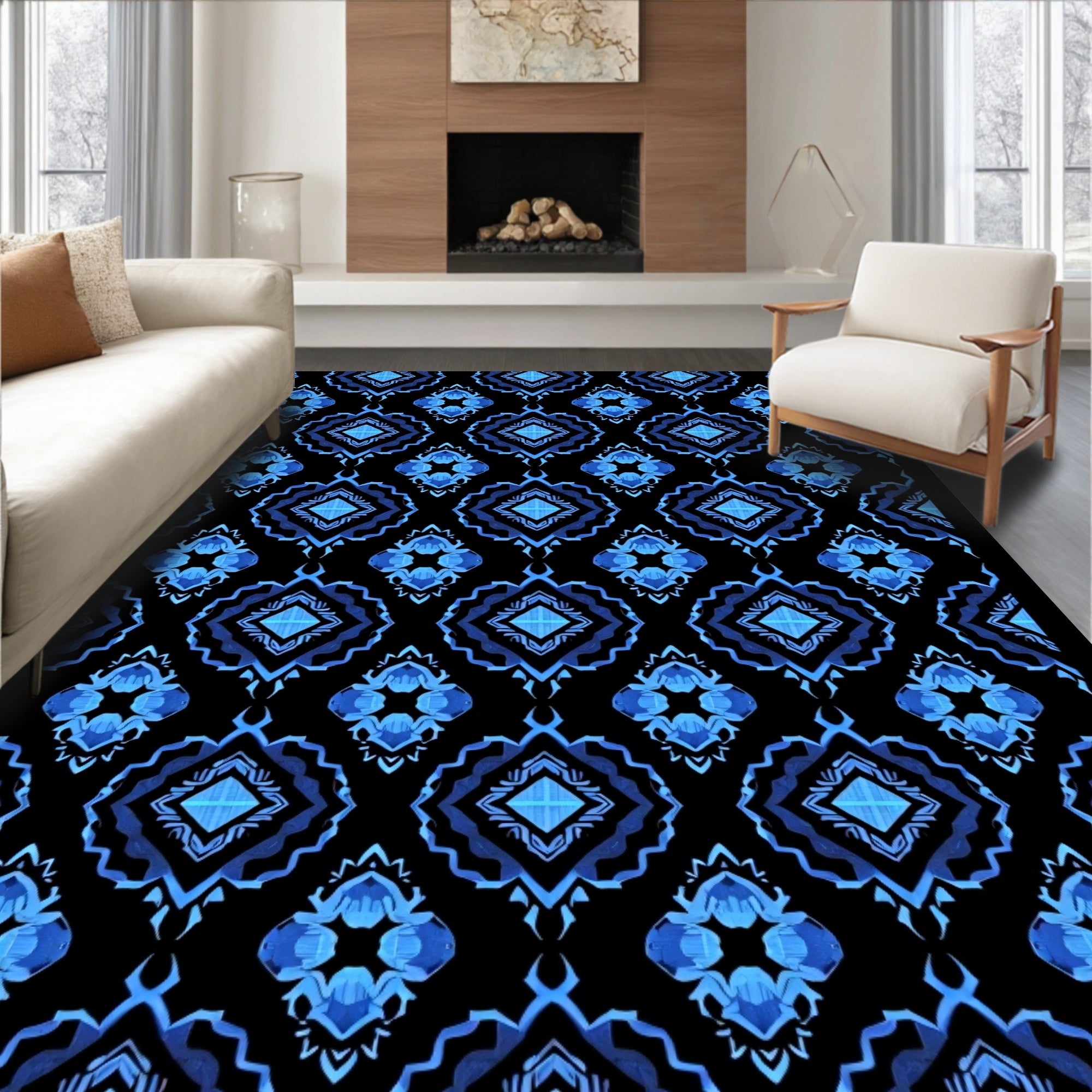 Bold Blue Geometric Diamond Pattern Rug