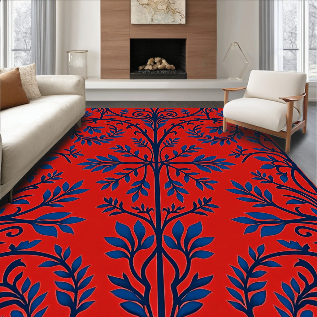 Bold Blue Vine Red Floral Rug