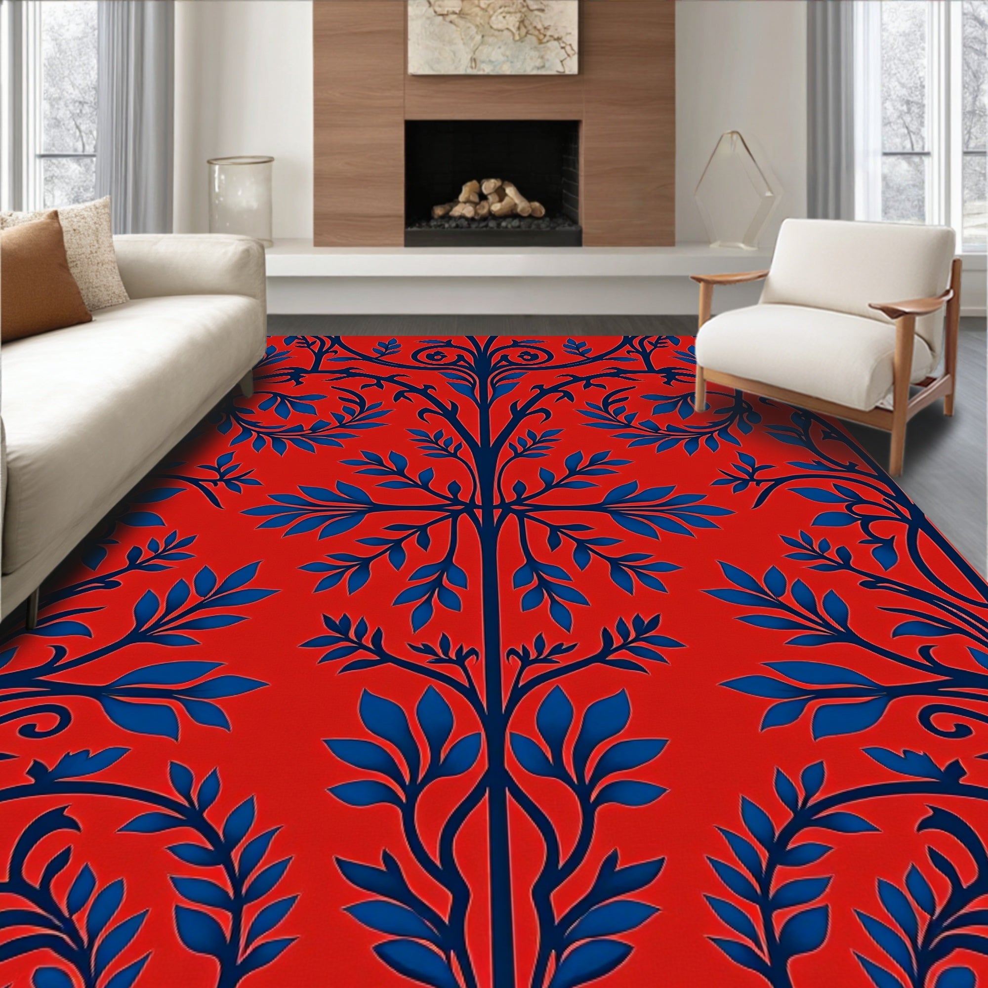 Bold Blue Vine Red Floral Rug