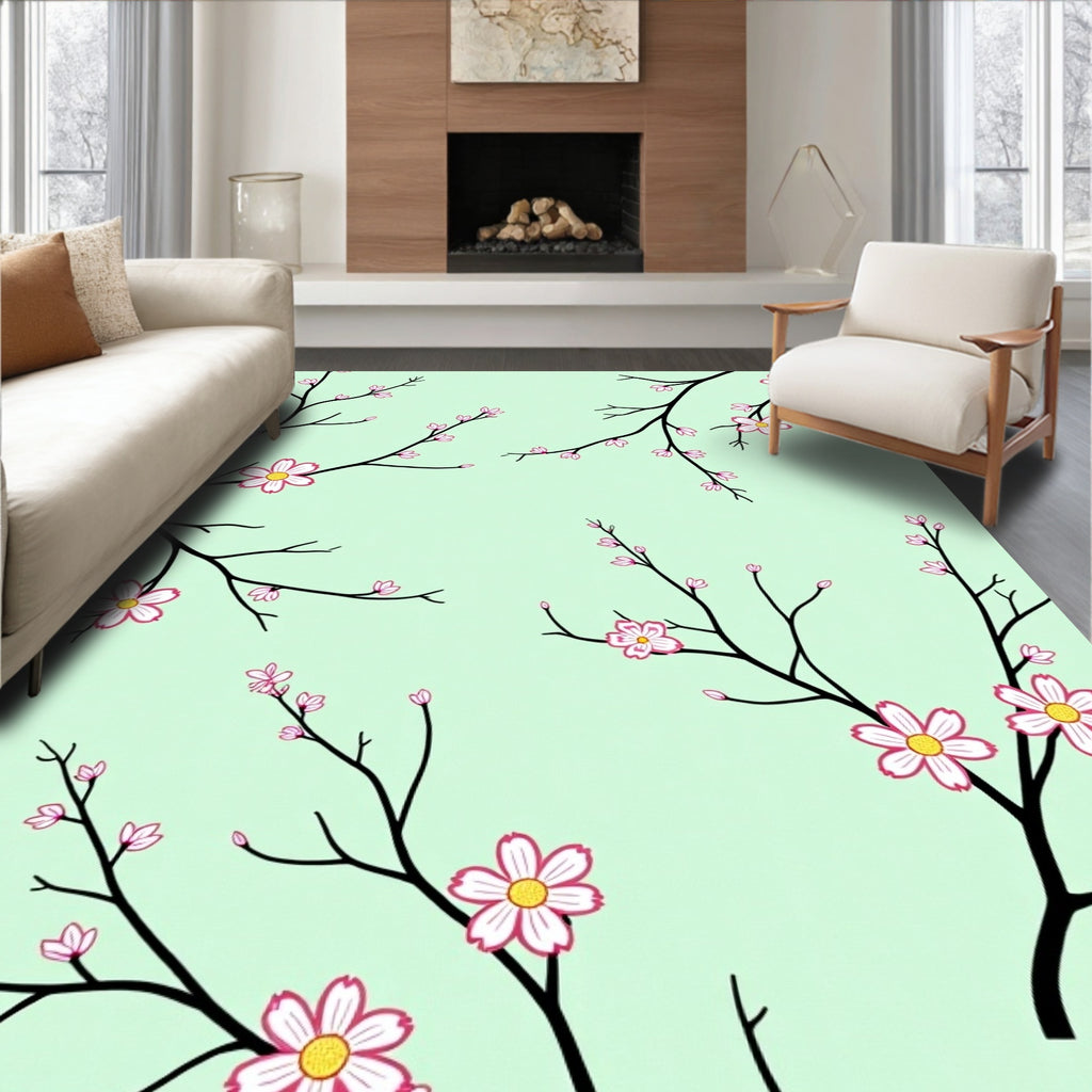Pink Blossom Branches On Mint Background Rug