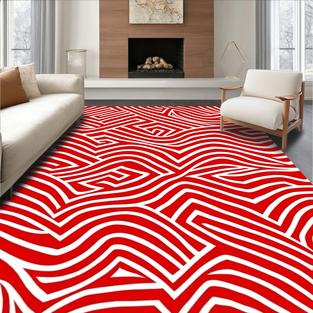 Red White Abstract Geometric Rug