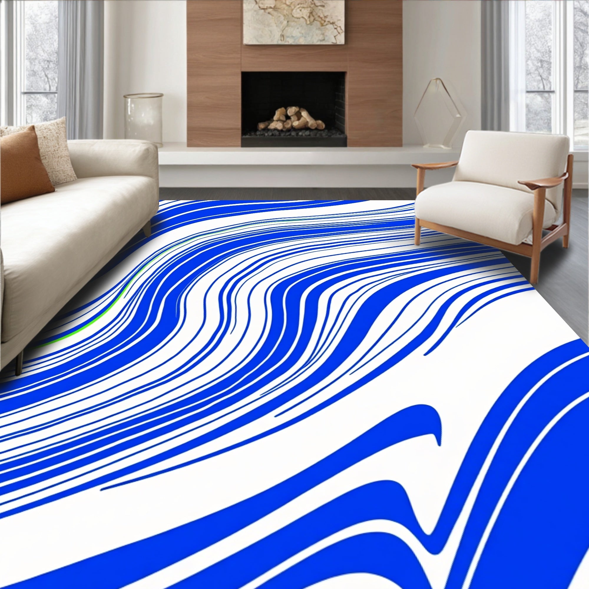 Bold Blue White Winding Lines Rug