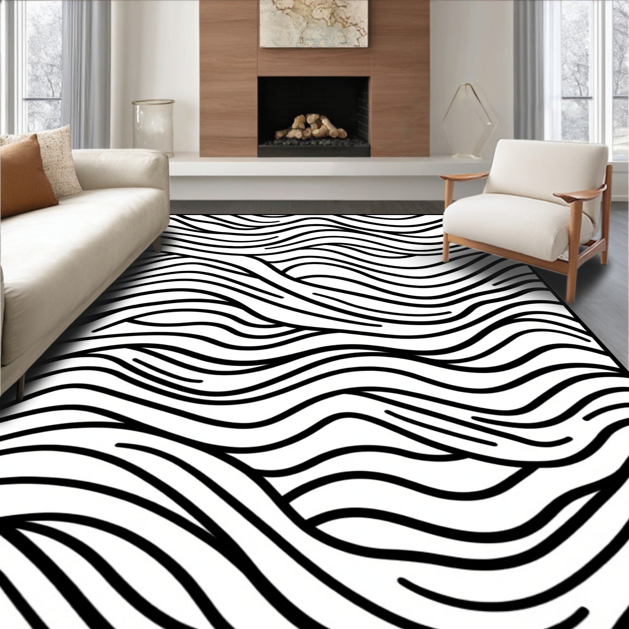 Abstract Black White Wavy Lines Rug