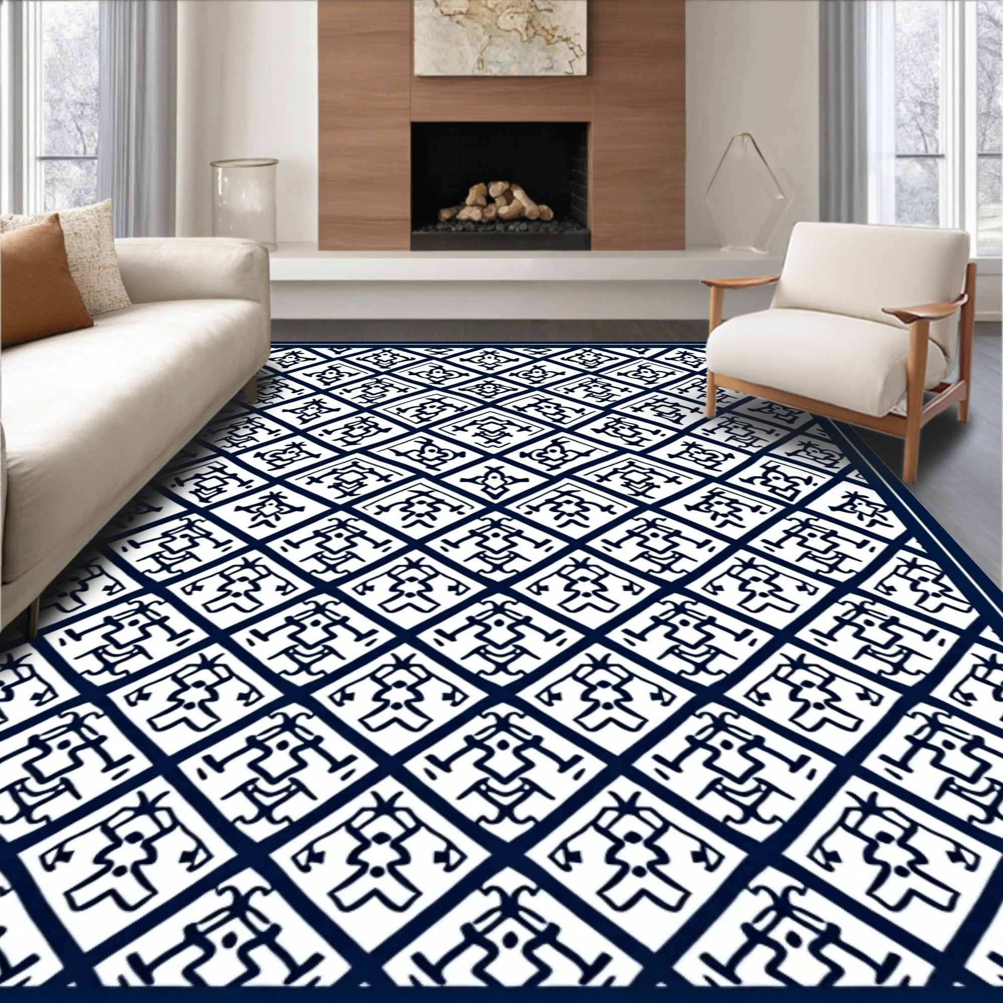 Indigo Geometric Diamond Pattern Rug