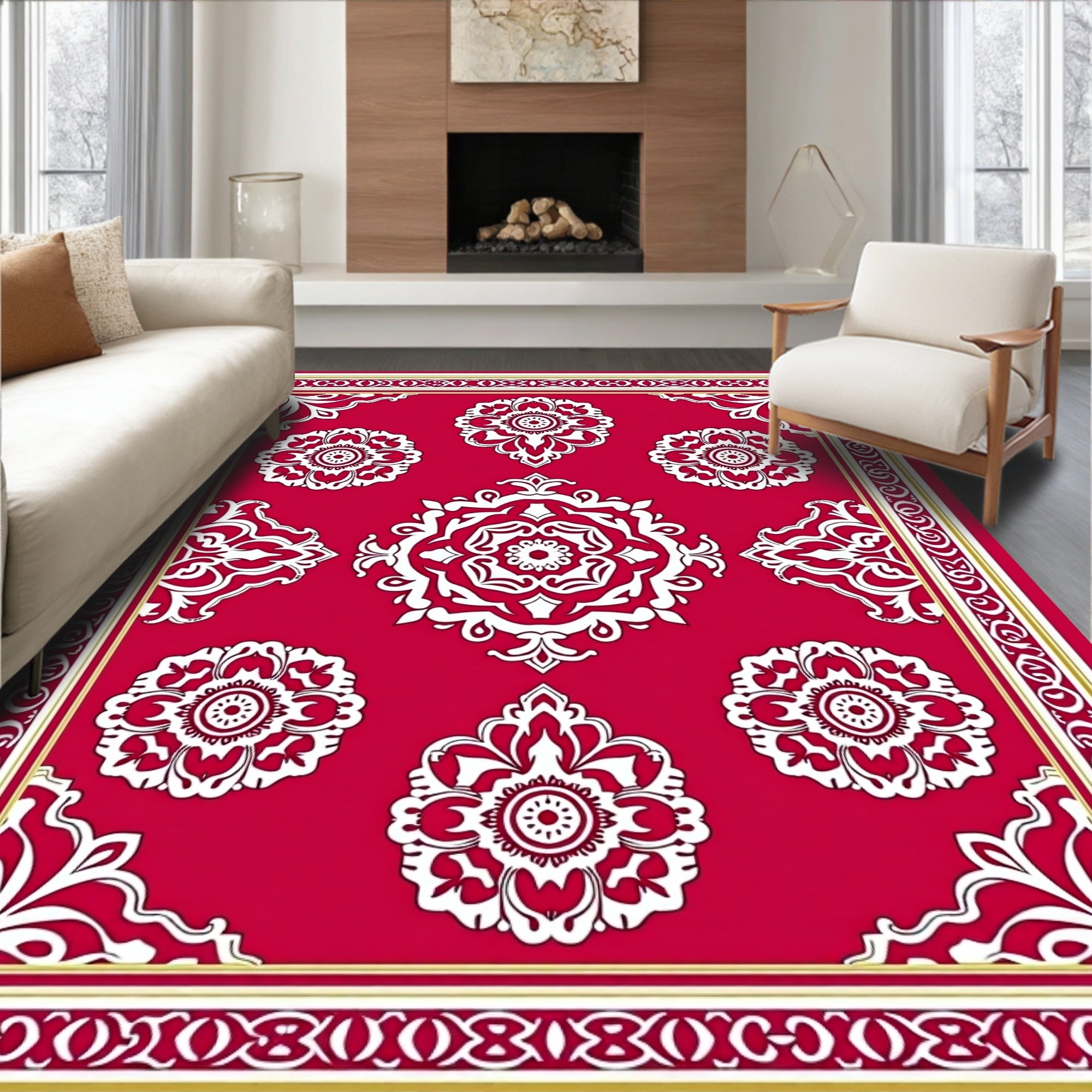 Ornate Floral Red Border Design Rug