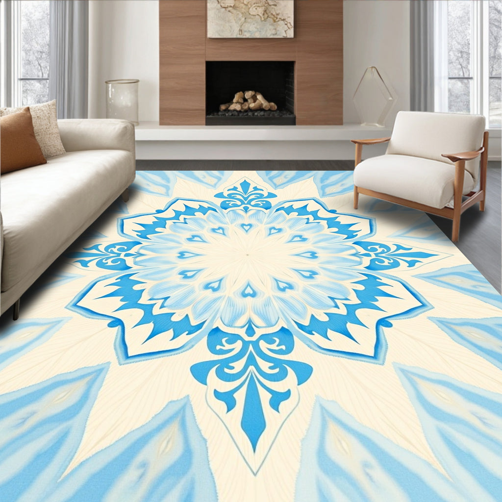 Intricate Blue White Floral Mandala Design Rug