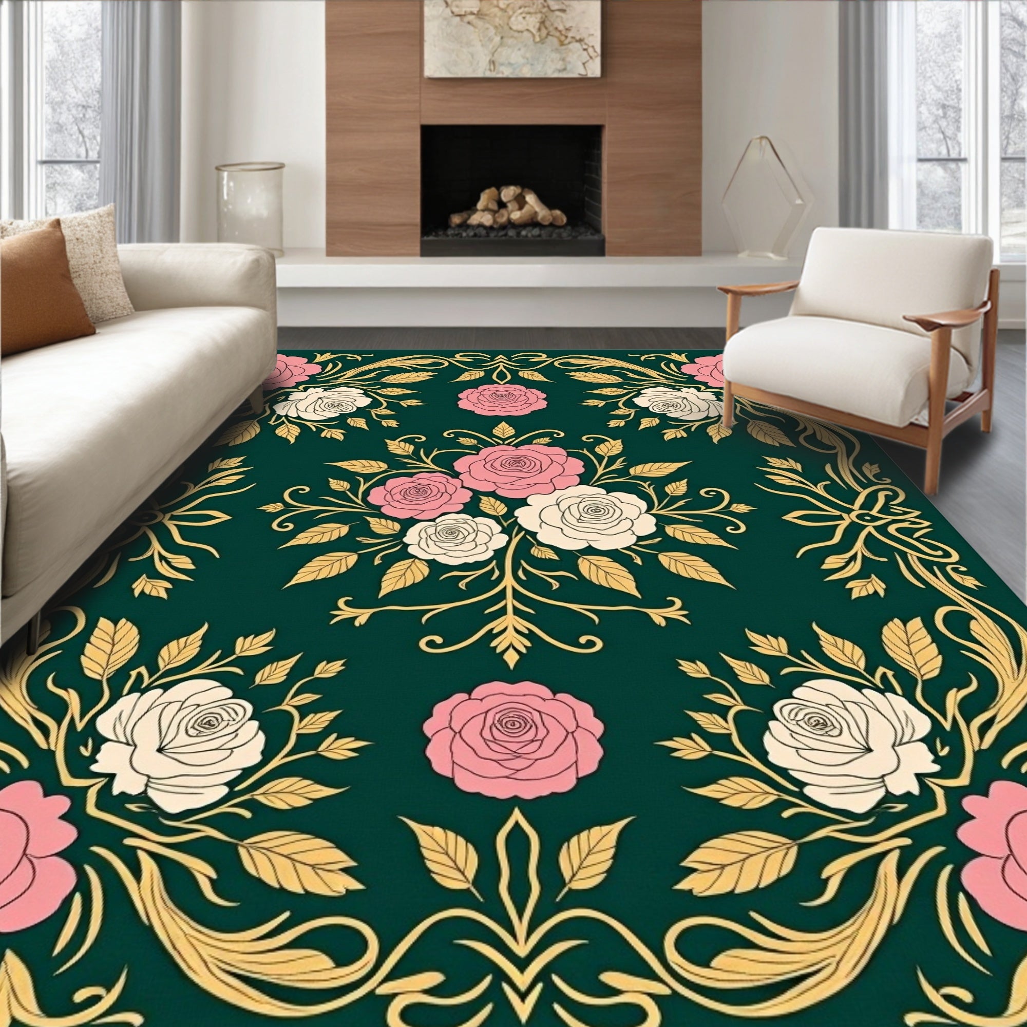 Elegant Rose Scrollwork Pattern Rug