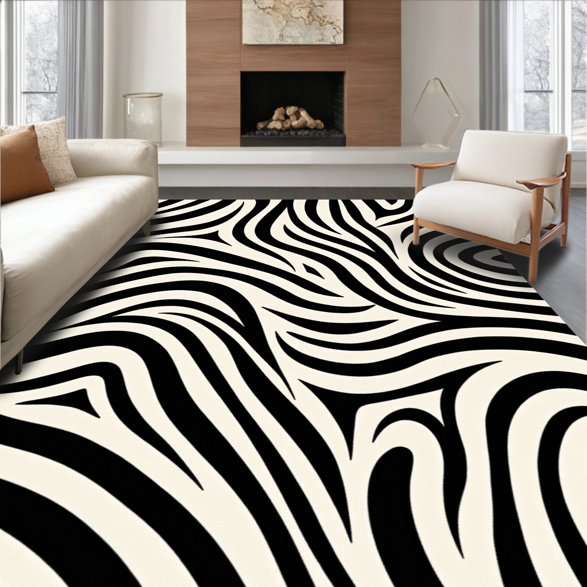 Bold Black Cream Zebra Print Rug