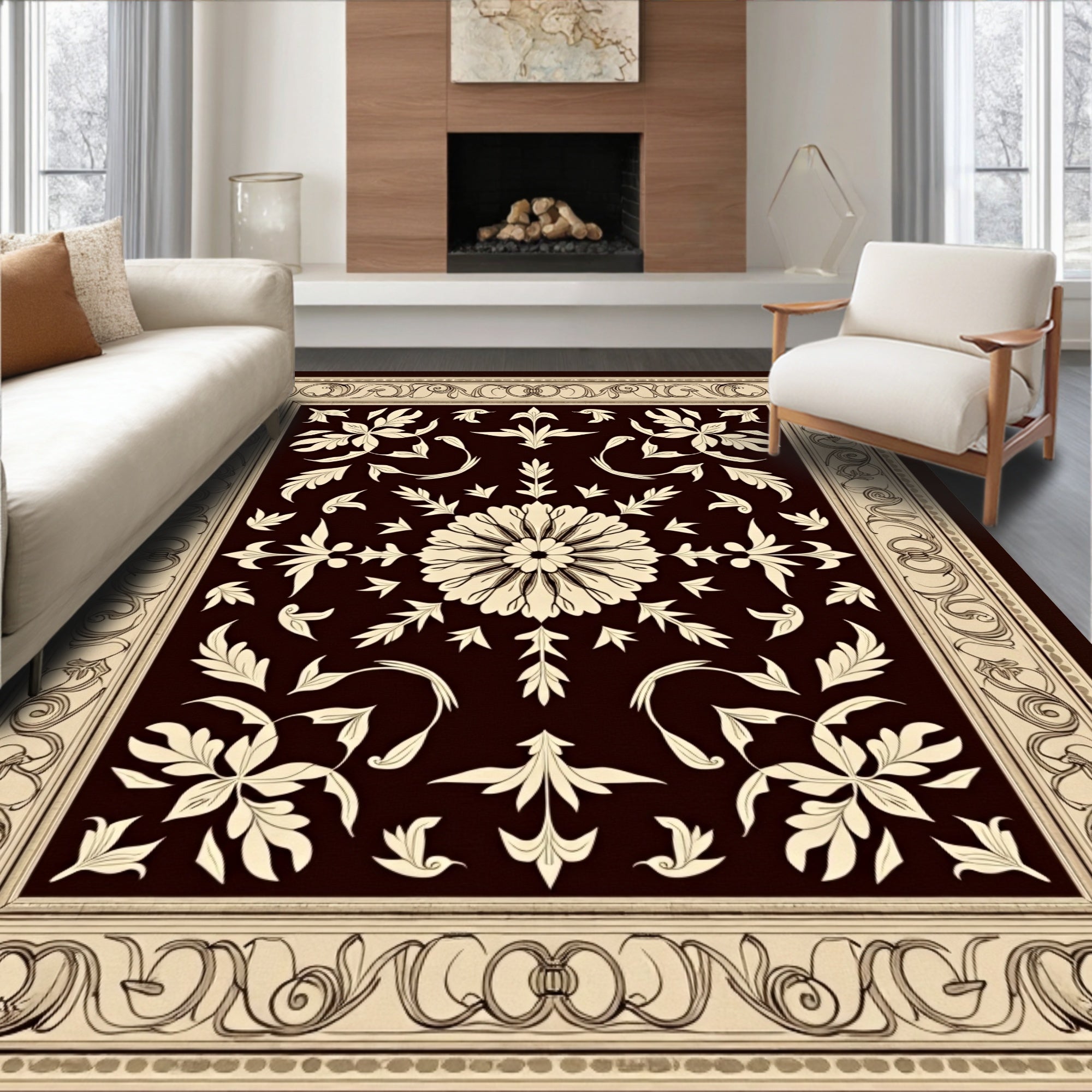 Ornate Floral Border With Centerpiece Rug