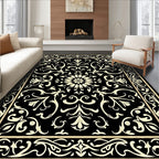 Black Cream Scrollwork Floral Pattern Rug