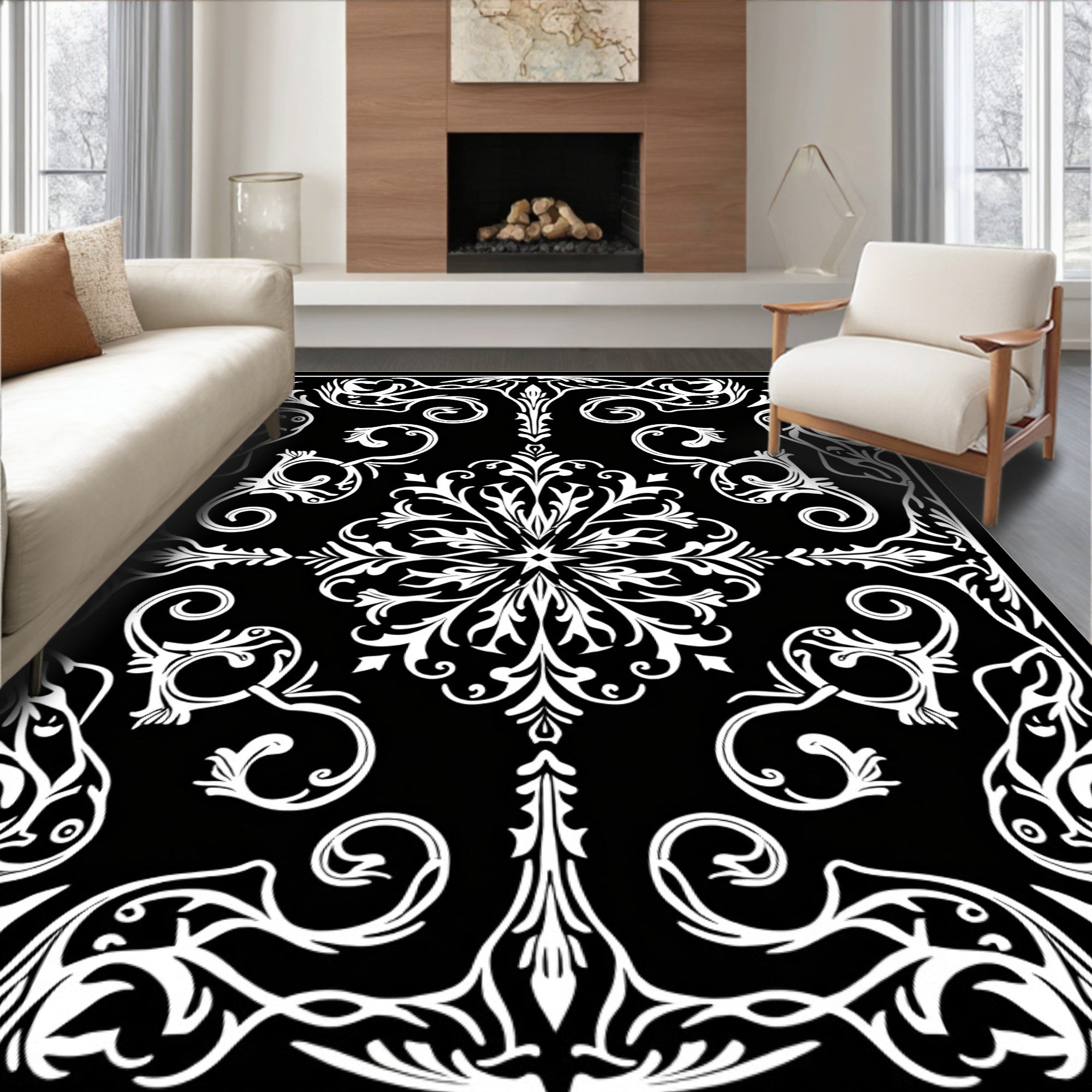Intricate Black White Floral Scroll Pattern Rug