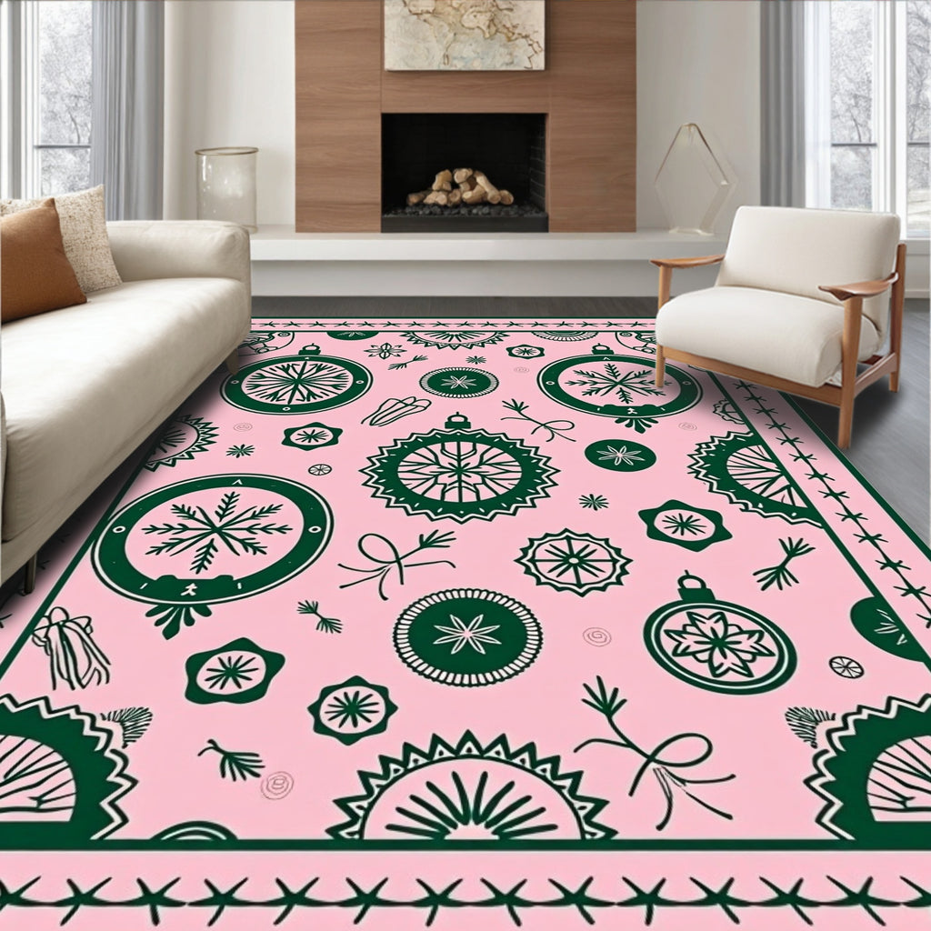 Pink And Green Festive Ornaments Rug