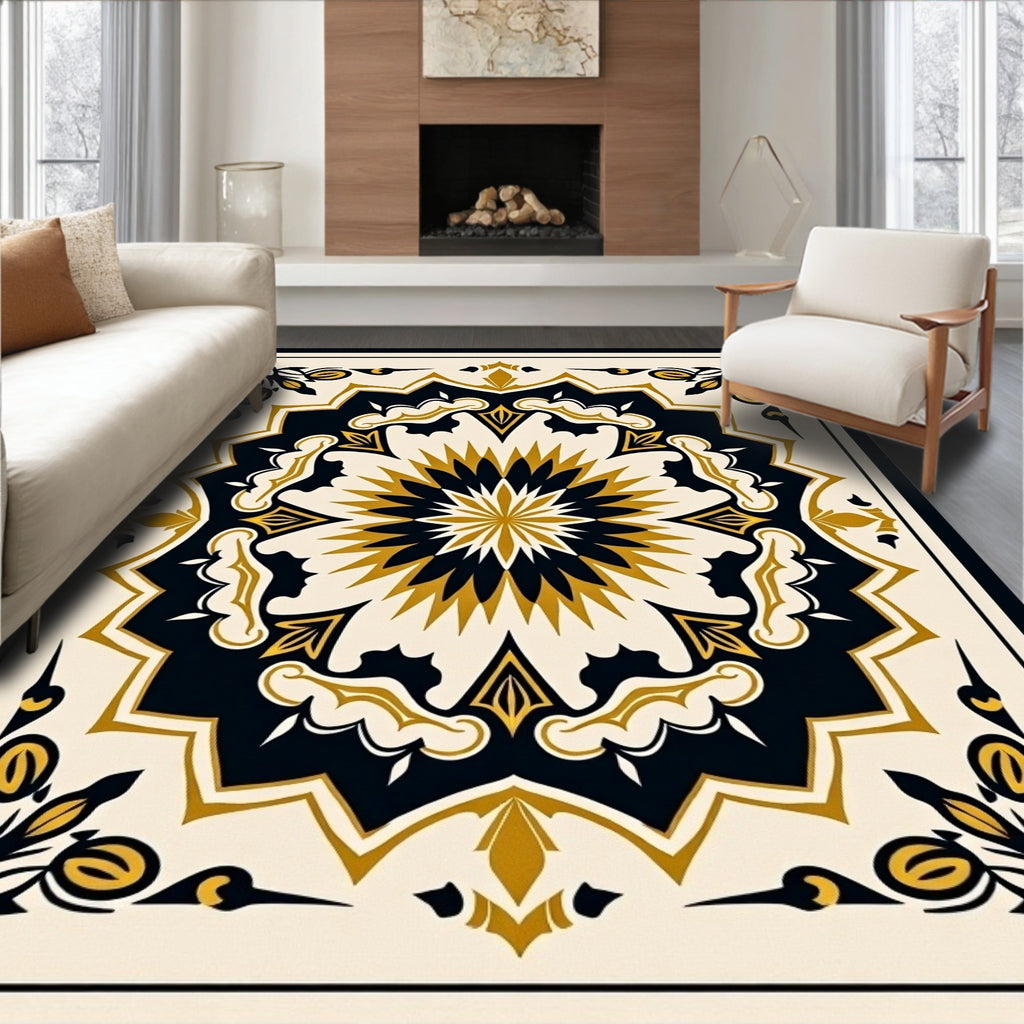 Elegant Floral Medallion Gold Black Pattern Rug