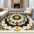 Elegant Floral Medallion Gold Black Pattern Rug