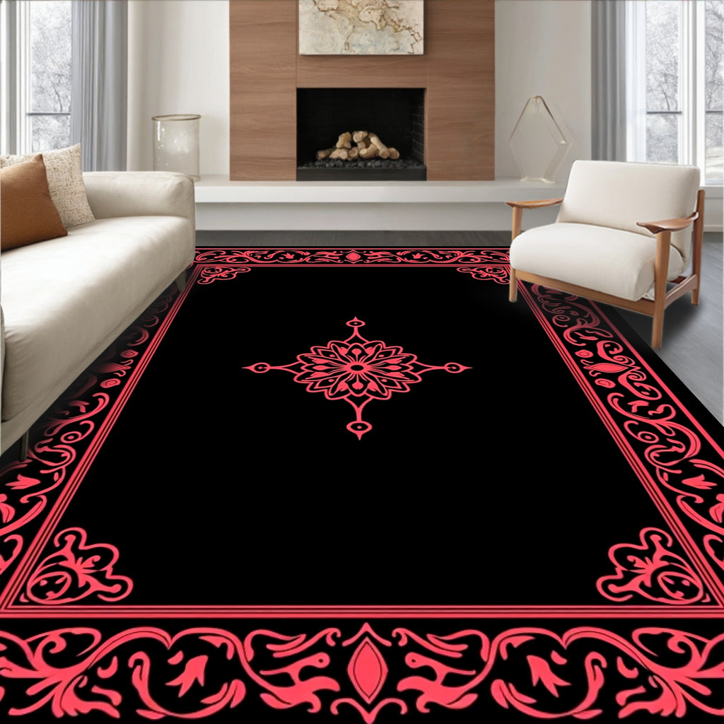 Ornate Red Floral Frame Design Rug