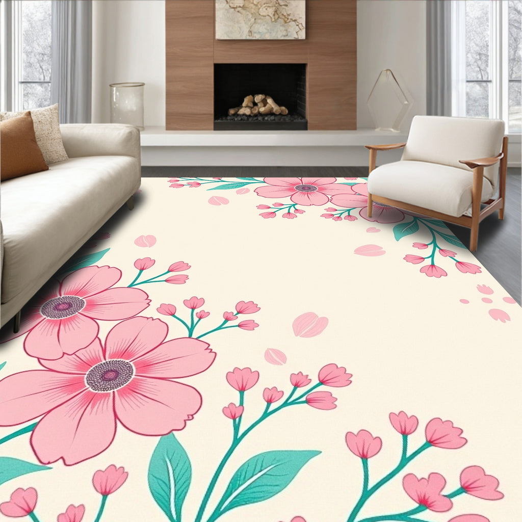Pink Blossom Branch Floral Pattern Rug