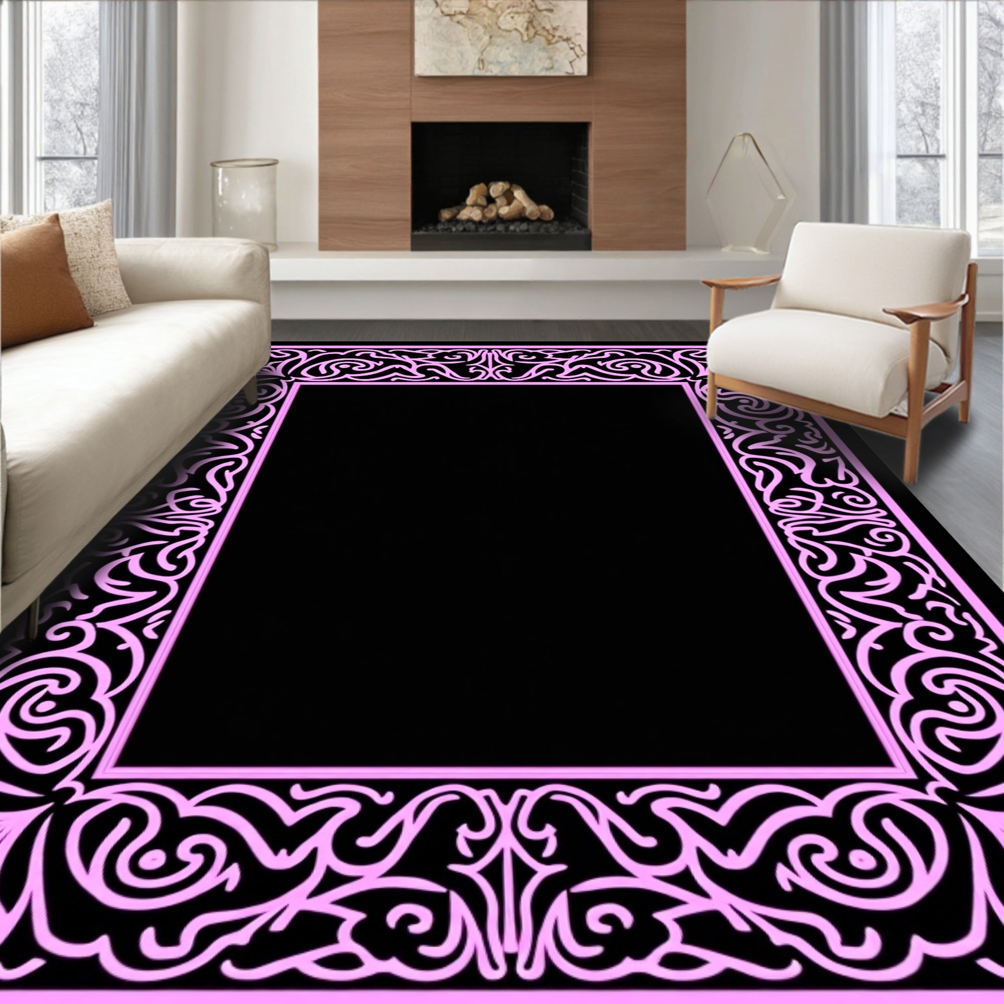 Ornate Pink Swirl Border Design Rug